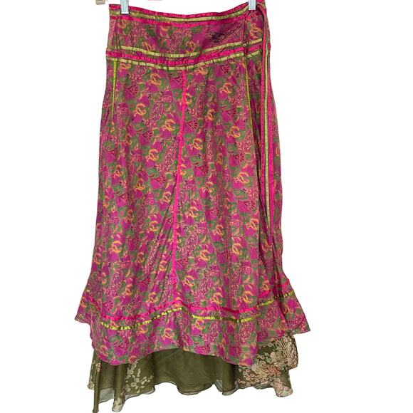 Bohemian Sari Silk Reversible Midi Floral Gypsy Festival Skirt ONE SIZE - Picture 1 of 7